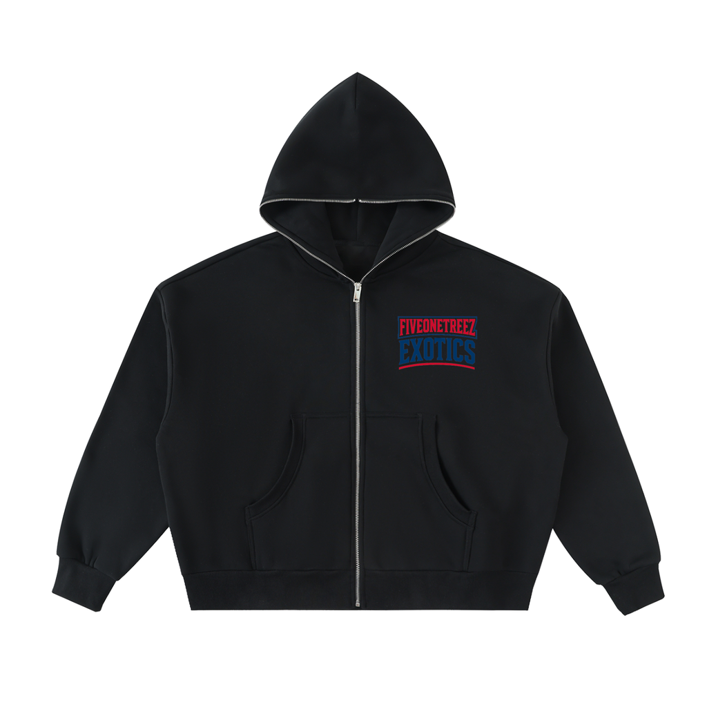 FIVEONETREEZEXOTICS BLACK ZIP-UP HOODIE